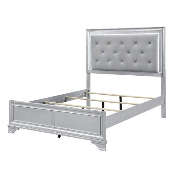 English Elm Queen Glam Bedroom Set Five Piece Silver Finish with LED Tufted Headboard and Storage B011S06009