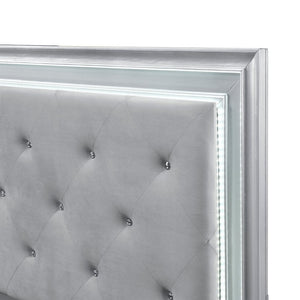 English Elm Queen Glam Bedroom Set Five Piece Silver Finish with LED Tufted Headboard and Storage B011S06009