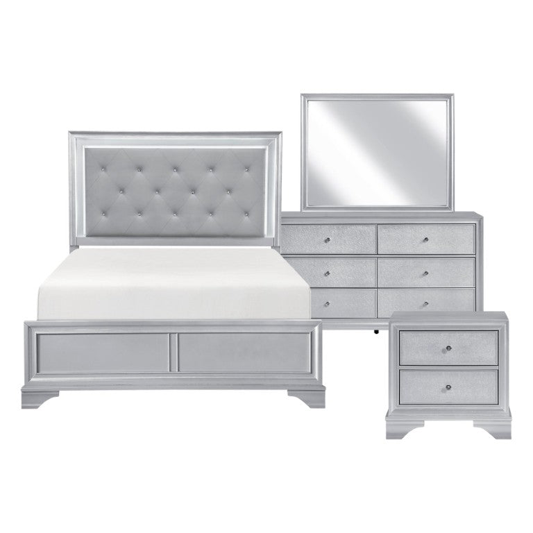 English Elm Queen Glam Bedroom Set Five Piece Silver Finish with LED Tufted Headboard and Storage B011S06009