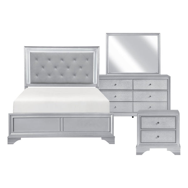 English Elm Queen Glam Bedroom Set Five Piece Silver Finish with LED Tufted Headboard and Storage B011S06009