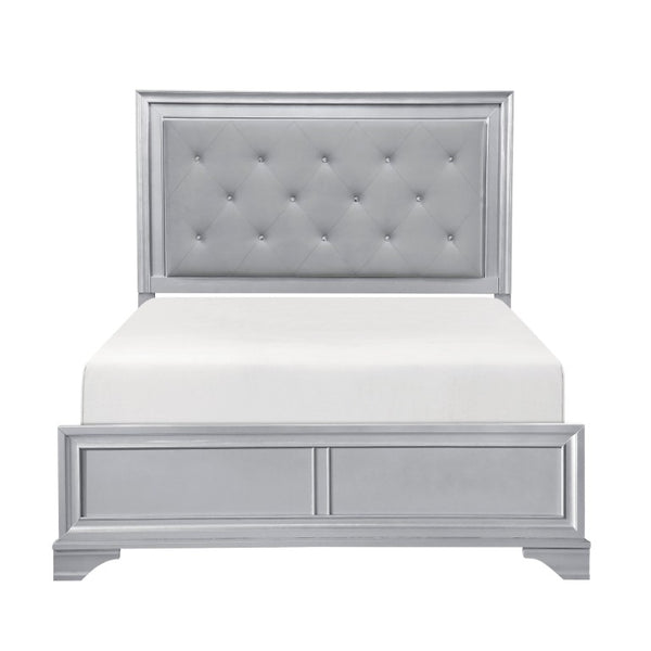 English Elm Queen Glam Bedroom Set Five Piece Silver Finish with LED Tufted Headboard and Storage B011S06009