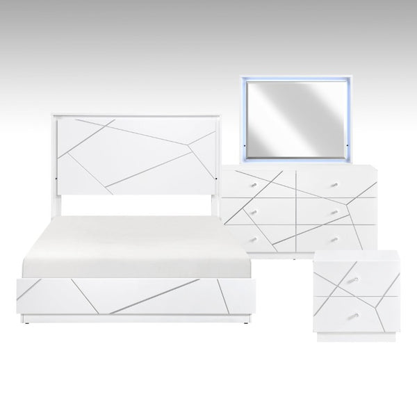 English Elm Eastern King 5 Piece Bedroom Set White UV Finish LED Lighting Geometric Wood Suite B011S06023