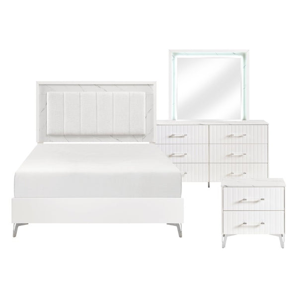 English Elm Queen Bedroom Set with Tufted Headboard LED Lighting Faux Marble Gloss Finish B011S06033