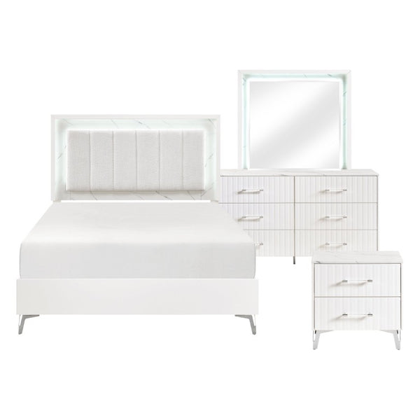 English Elm Queen Bedroom Set with Tufted Headboard LED Lighting Faux Marble Gloss Finish B011S06033