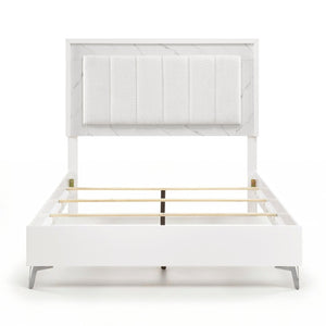 English Elm Queen Bedroom Set with Tufted Headboard LED Lighting Faux Marble Gloss Finish B011S06033
