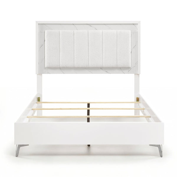 English Elm Queen Bedroom Set with Tufted Headboard LED Lighting Faux Marble Gloss Finish B011S06033