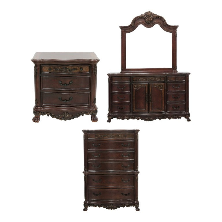 English Elm Night Stand Dresser Mirror and Chest Traditional 5 Piece Cherry Burl Bedroom Set B011S06049
