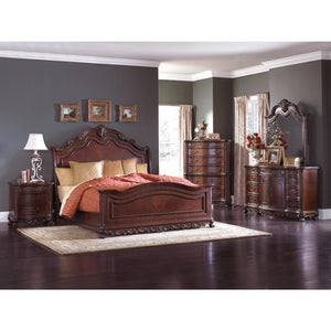 English Elm Night Stand Dresser Mirror and Chest Traditional 5 Piece Cherry Burl Bedroom Set B011S06049