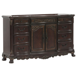 English Elm Night Stand Dresser Mirror and Chest Traditional 5 Piece Cherry Burl Bedroom Set B011S06049