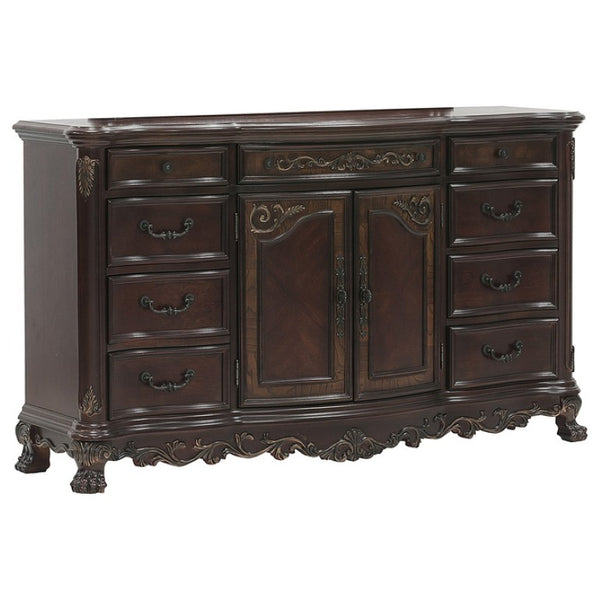 English Elm Night Stand Dresser Mirror and Chest Traditional 5 Piece Cherry Burl Bedroom Set B011S06049