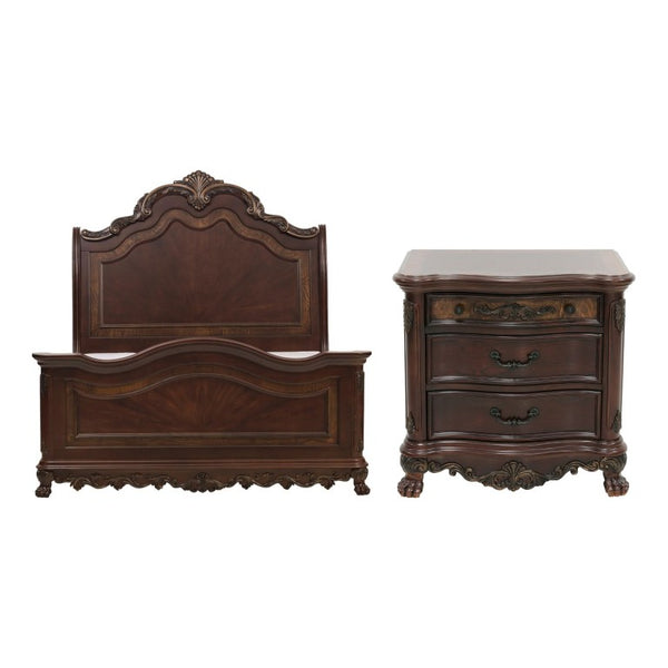 English Elm Eastern King Sleigh Bed Set Cherry Veneer with Gold Tipped Carved Traditional Details B011S06050