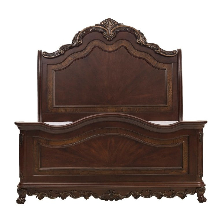 English Elm Eastern King Sleigh Bed Set Cherry Veneer with Gold Tipped Carved Traditional Details B011S06050