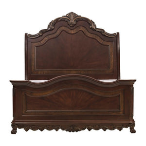 English Elm Eastern King Sleigh Bed Set Cherry Veneer with Gold Tipped Carved Traditional Details B011S06050
