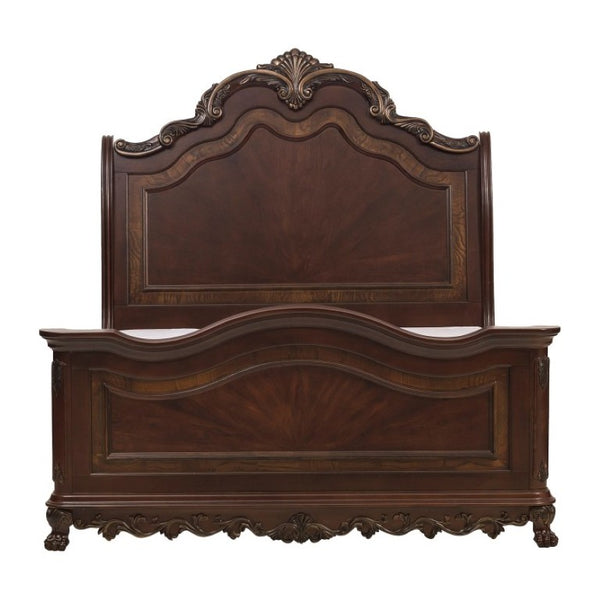 English Elm Eastern King Sleigh Bed Set Cherry Veneer with Gold Tipped Carved Traditional Details B011S06050