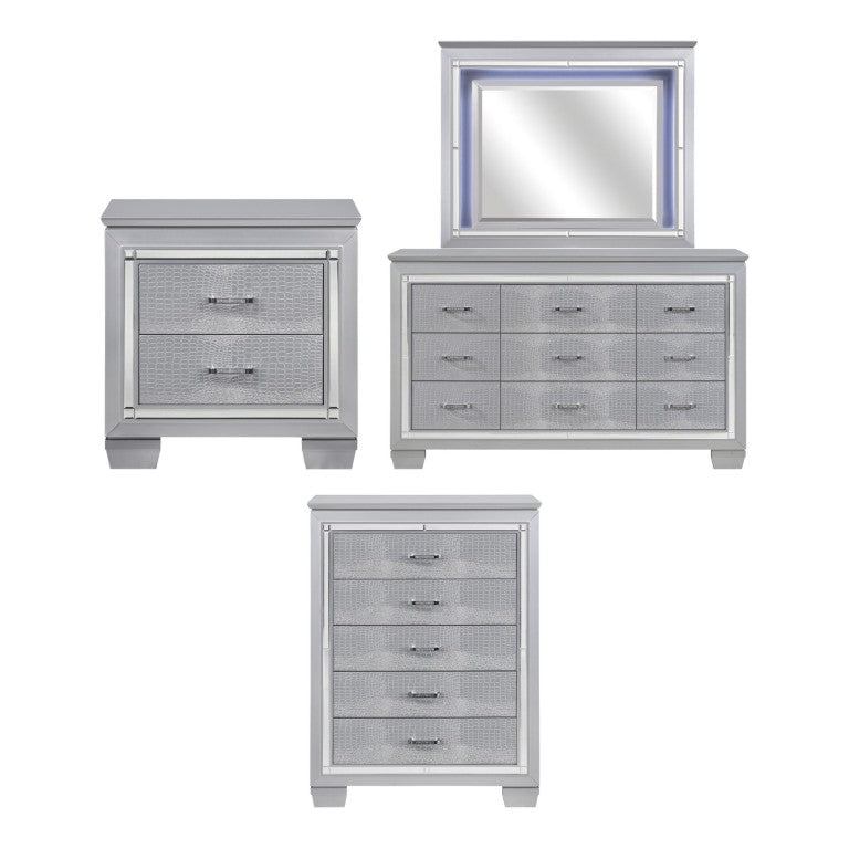 English Elm Night Stand Dresser Mirror Chest 4 Piece Glam Set with LED and Alligator Embossed B011S06084