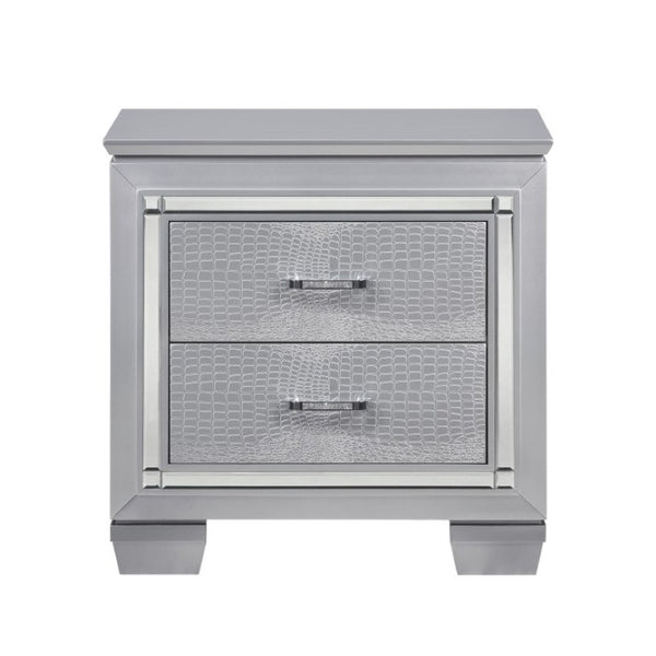 English Elm Night Stand Dresser Mirror Chest 4 Piece Glam Set with LED and Alligator Embossed B011S06084