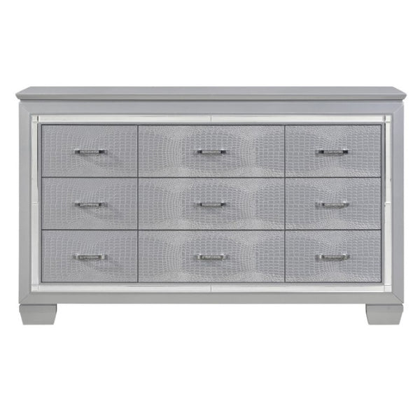 English Elm Night Stand Dresser Mirror Chest 4 Piece Glam Set with LED and Alligator Embossed B011S06084