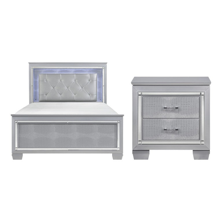 English Elm Queen Bed and Nightstand Set Hollywood Regency Glam with LED Lighting Mirror Panels B011S06092