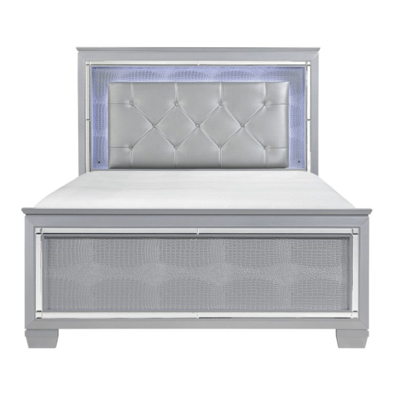 English Elm Queen Bed and Nightstand Set Hollywood Regency Glam with LED Lighting Mirror Panels B011S06092