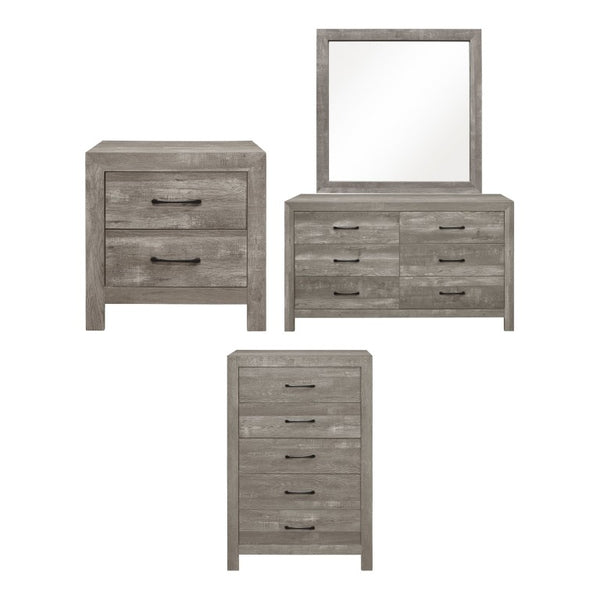 English Elm Night Stand Dresser Mirror and Chest 5 Pc Gray Woodgrain Bedroom Set with Black Pulls B011S06099