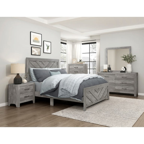 English Elm Night Stand Dresser Mirror and Chest 5 Pc Gray Woodgrain Bedroom Set with Black Pulls B011S06099