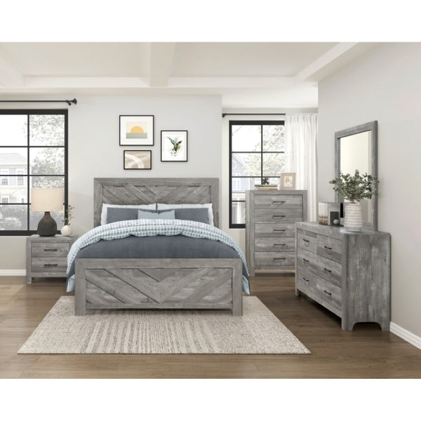 English Elm Night Stand Dresser Mirror and Chest 5 Pc Gray Woodgrain Bedroom Set with Black Pulls B011S06099