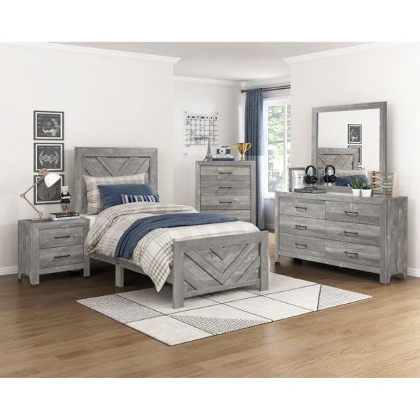 English Elm Night Stand Dresser Mirror and Chest 5 Pc Gray Woodgrain Bedroom Set with Black Pulls B011S06099