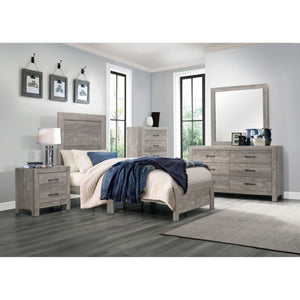 English Elm Night Stand Dresser Mirror and Chest 5 Pc Gray Woodgrain Bedroom Set with Black Pulls B011S06099