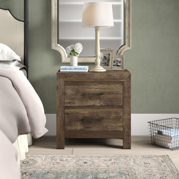 English Elm Night Stand Dresser Mirror and Chest Set Rustic Brown Wood Grain Bedroom Suite B011S06130