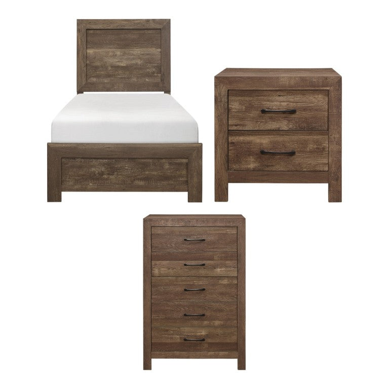 English Elm Twin Bedroom Set 3 Piece Rustic Brown Faux Wood Veneer Bed Nightstand and Chest B011S06142