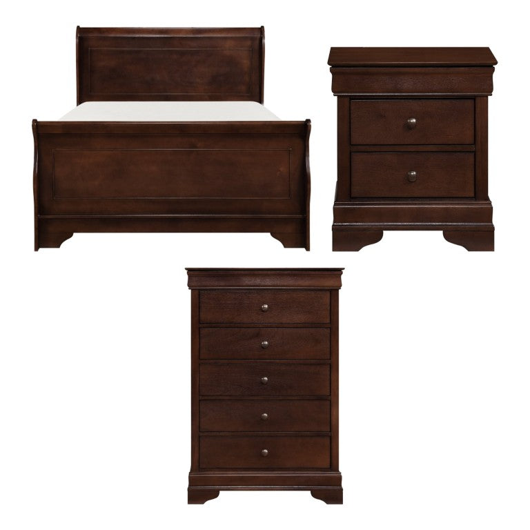 English Elm Queen Sleigh Bedroom Set Louis Philippe Style Okume Veneer Dark Cherry Finish B011S06179