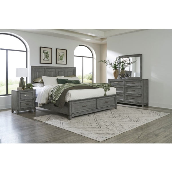 English Elm California King Bedroom Set Okume Veneer Gray Finish with Storage Footboard B011S06193