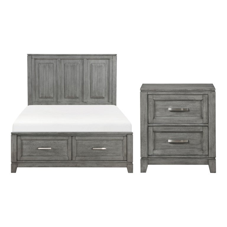 English Elm Full Bed and Two Nightstands Rustic Gray Okume Veneer Storage Footboard Bedroom Set B011S06198