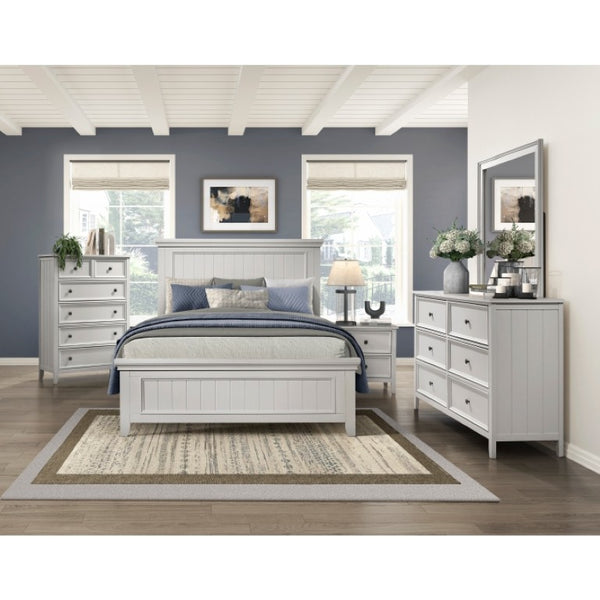 English Elm Queen Bedroom Set with Shiplap Panel Bed Nightstand and Chest in Off White Wood B011S06213