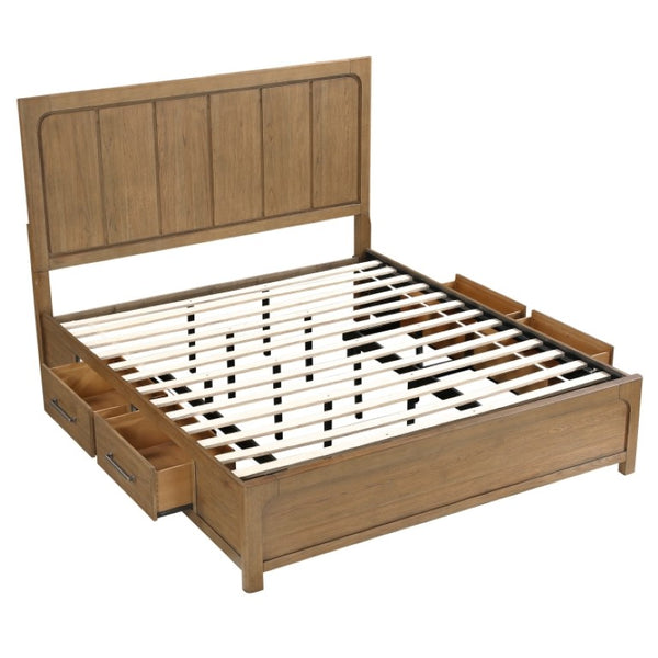 English Elm Eastern King Storage Bed Set Hickory Veneer Platform Frame with Charging Nightstands B011S06220