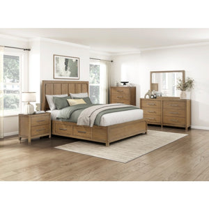 English Elm Eastern King Storage Bed Set Hickory Veneer Platform Frame with Charging Nightstands B011S06220