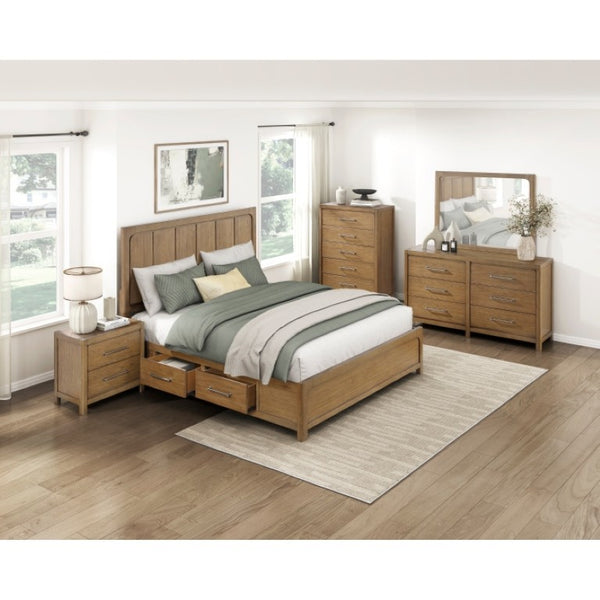 English Elm Eastern King Storage Bed Set Hickory Veneer Platform Frame with Charging Nightstands B011S06220