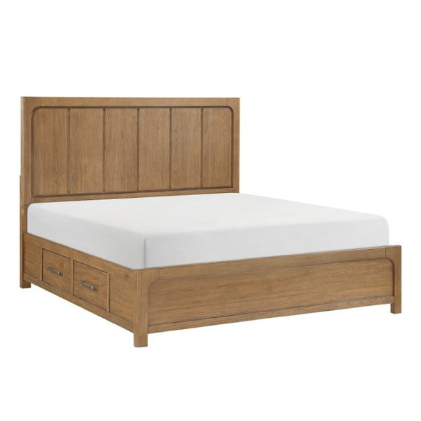 English Elm Eastern King Storage Bed Set Hickory Veneer Platform Frame with Charging Nightstands B011S06220