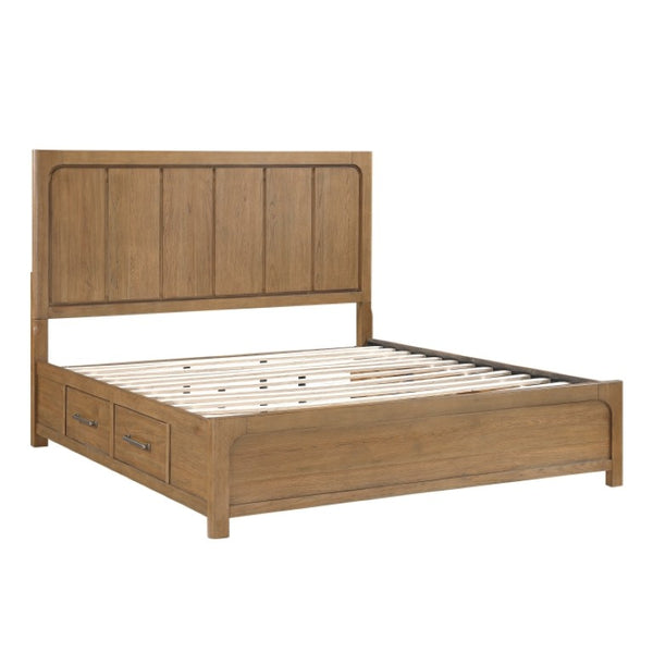 English Elm Eastern King Storage Bed Set Hickory Veneer Platform Frame with Charging Nightstands B011S06220
