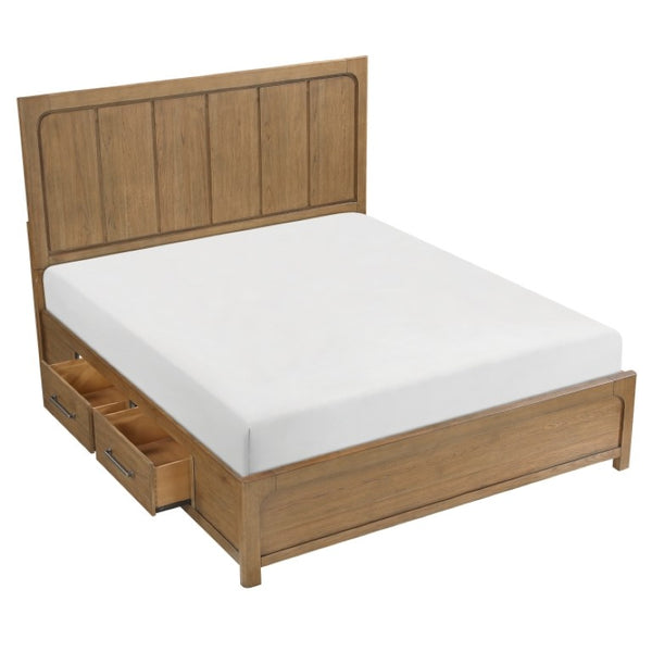 English Elm Eastern King Storage Bed Set Hickory Veneer Platform Frame with Charging Nightstands B011S06220