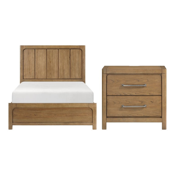 English Elm Queen Storage Platform Bed Set Hickory Veneer with Charging Nightstands Warm Brown B011S06226