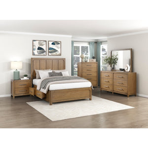 English Elm Queen Storage Platform Bed Set Hickory Veneer with Charging Nightstands Warm Brown B011S06226