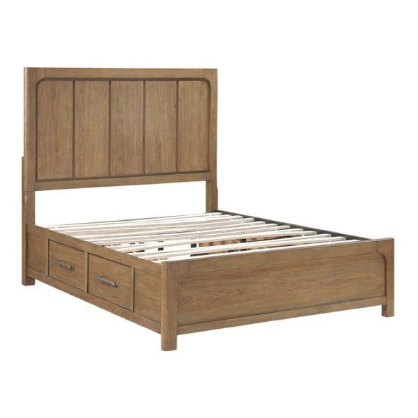 English Elm Queen Storage Platform Bed Set Hickory Veneer with Charging Nightstands Warm Brown B011S06226