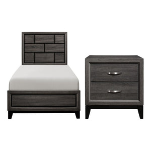 English Elm Twin Bed and Nightstand Set Contemporary Faux Wood Grain Bedroom Furniture in Warm Gray B011S06260