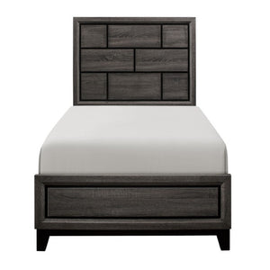 English Elm Twin Bed and Nightstand Set Contemporary Faux Wood Grain Bedroom Furniture in Warm Gray B011S06260