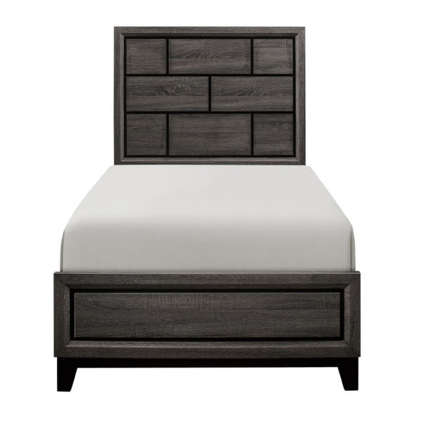 English Elm Twin Bed and Nightstand Set Contemporary Faux Wood Grain Bedroom Furniture in Warm Gray B011S06260