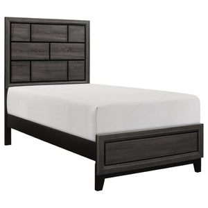 English Elm Twin Bed and Nightstand Set Contemporary Faux Wood Grain Bedroom Furniture in Warm Gray B011S06260