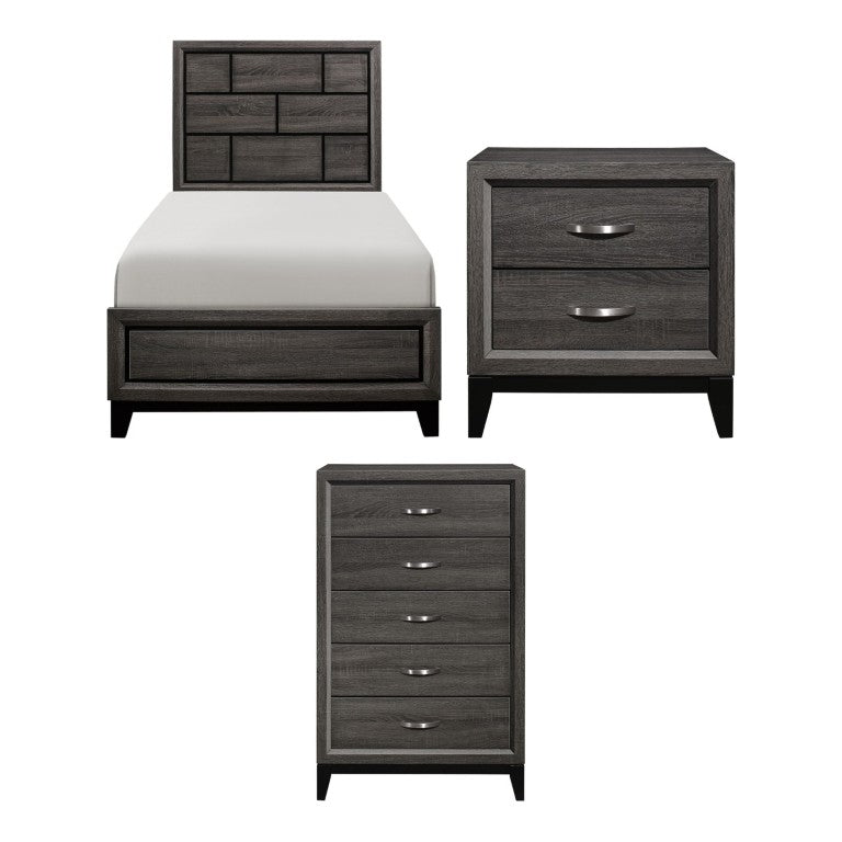 English Elm Twin Bedroom Set 3 Piece Faux Wood Grain Gray Finish Modern Contemporary Style B011S06261