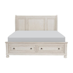 English Elm Eastern King Bedroom Set Ash Veneer Antique White with Footboard Drawers and Nightstands B011S06265