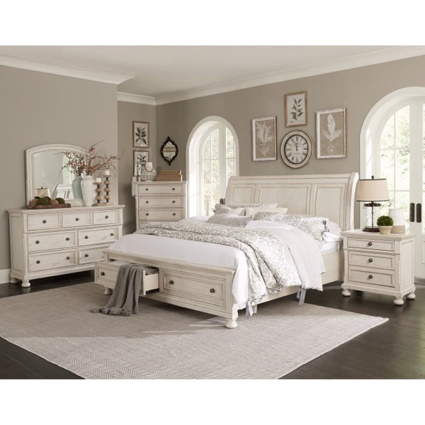 English Elm Eastern King Bedroom Set Ash Veneer Antique White with Footboard Drawers and Nightstands B011S06265
